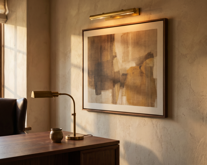 Calm home office with walnut desk, leather chair, ceramic vessel, and a framed canvas print on a plaster wall under a brass picture light