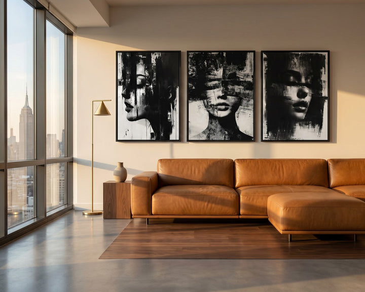Modern NYC loft living room at dusk with a black-and-white fragmented portrait triptych hung above a cognac leather modular sectional, walnut floors, brass floor lamp, large industrial windows, three separate framed canvases with real wall gaps