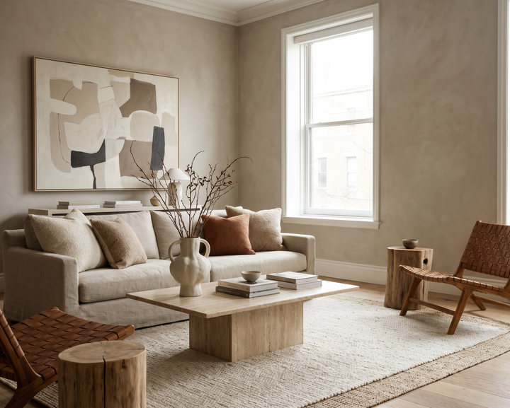 A warm neutral living room with linen sofa, travertine table, and layered textures.