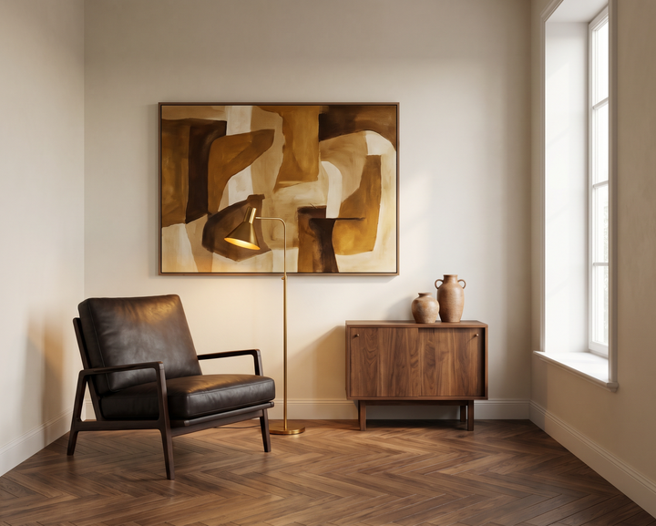 Warm walnut interior with espresso leather chair, brass lamp, ochre abstract above credenza